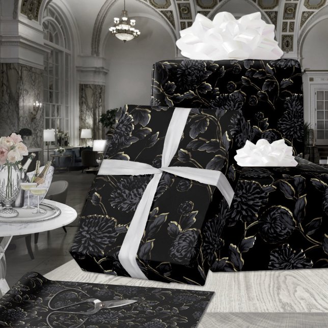 Black & Bronze Gold Moonlit Floral Vine Wrapping Paper Sheet (Creator Uploaded)
