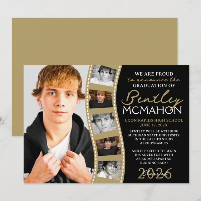 Black & Bronze Photo Filmstrip Grad Announcement (Front/Back)
