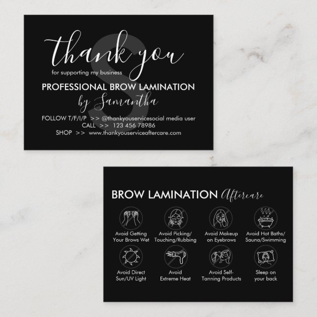 Black Brow Lamination Aftercare Advice Thank You Business Card (Front/Back)