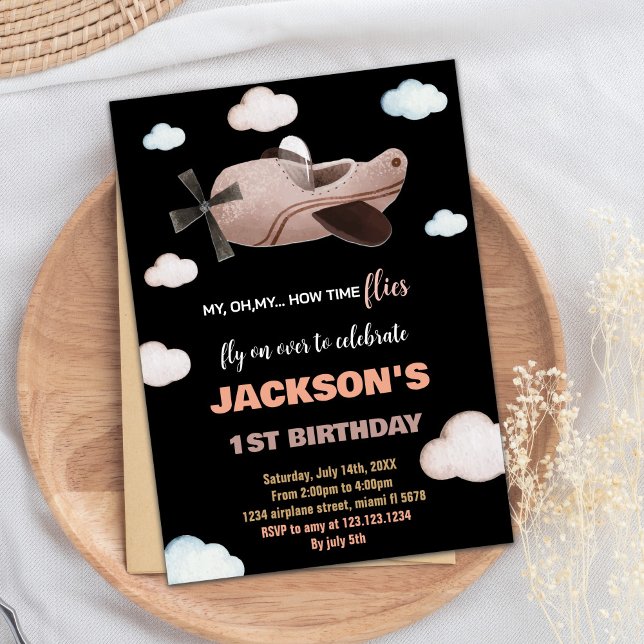 Black Brown Aeroplane Birthday Invitations (Black Brown Airplane Birthday Invitations)