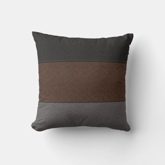 Black Brown and Grey Leather Look Cushion (Front)