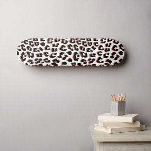 Black Brown and White Leopard Print Skateboard