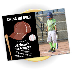 Black Brown Baseball Birthday Invitations w photo