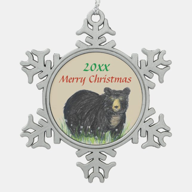 Black brown bear, Merry Christmas custom date Snowflake Pewter Christmas Ornament (Front)