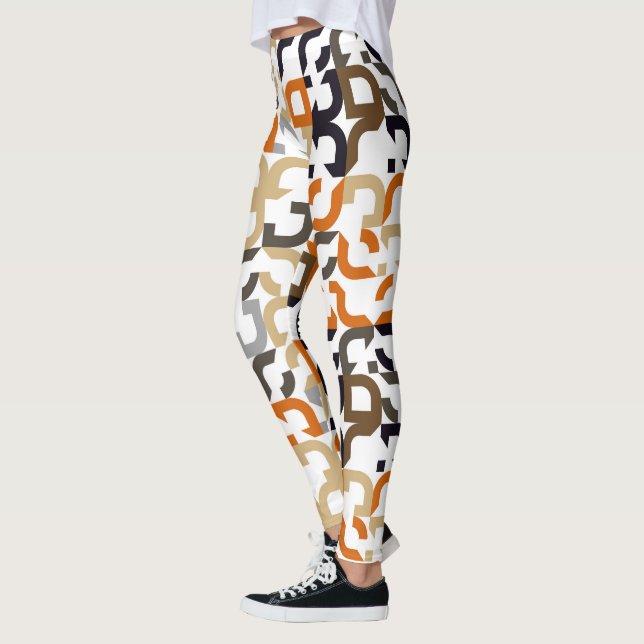 Black Brown Beige Orange Midcentury Art Pattern Leggings (Left)