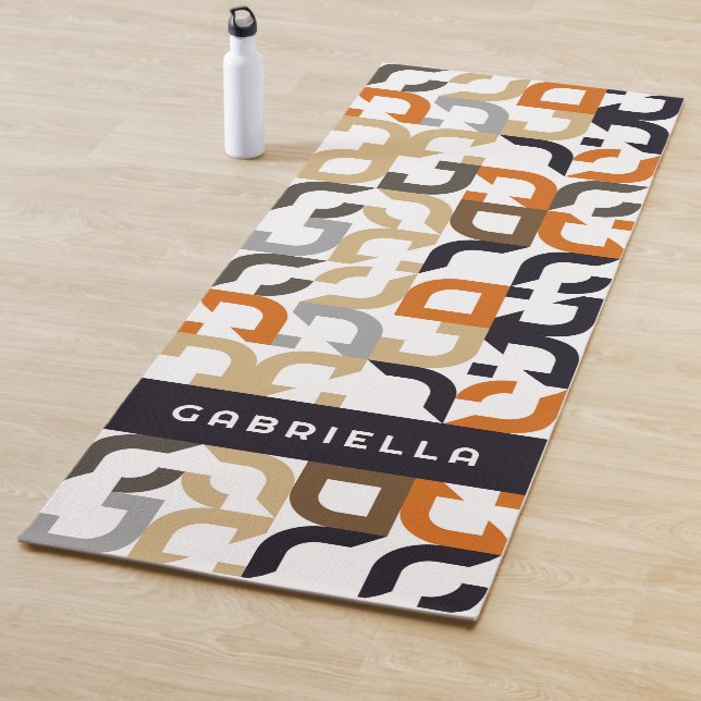 Black Brown Beige Orange Midcentury Art Pattern Yoga Mat (In Situ)