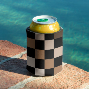 Black Brown Chequerboard Retro Checks  Can Cooler