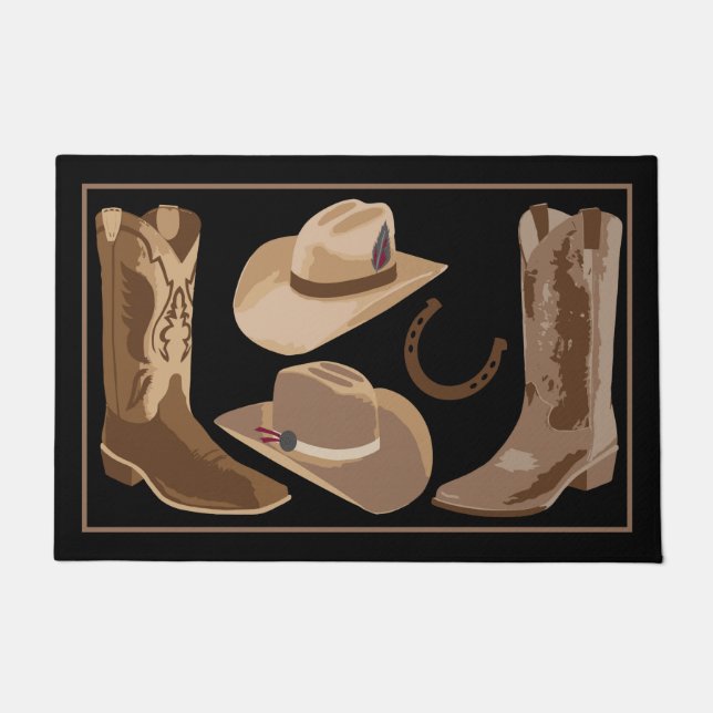 Black Brown Cowboy Boots Hats Horseshoes Doormat (Front)