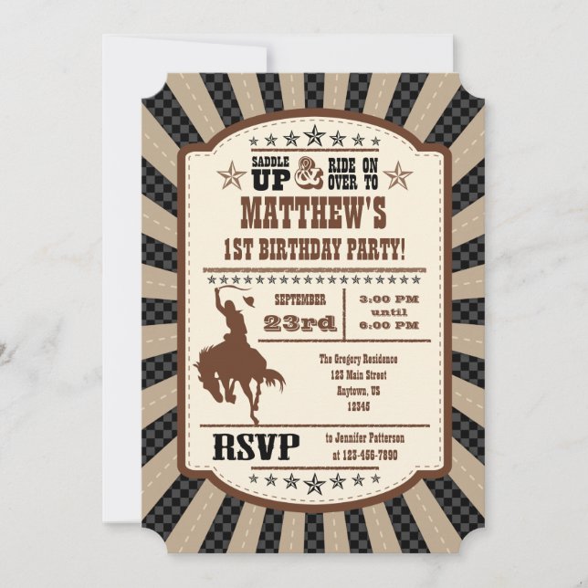 Black Brown Cowboy Rodeo Birthday Party Invitation (Front)