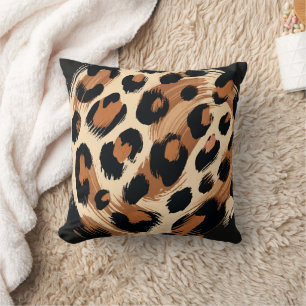 Black Brown Cream Painted Leopard Animal Print  Cushion