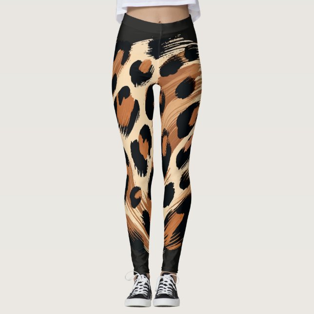 Black Brown Cream Painted Leopard Animal Print  Leggings (Front)