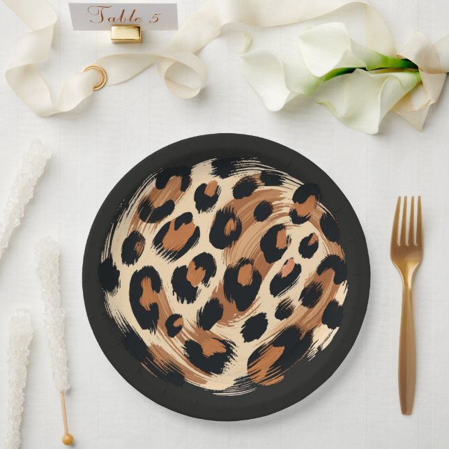 Black Brown Cream Painted Leopard Animal Print Paper Plate (Wedding)