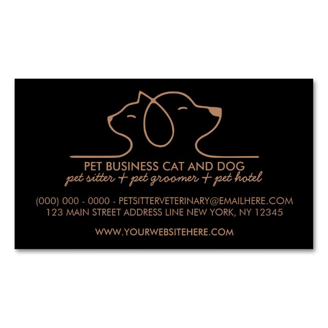 Black Brown Dog Cat Simple Logo Veterinary Pet Magnetic Business Card (Front)