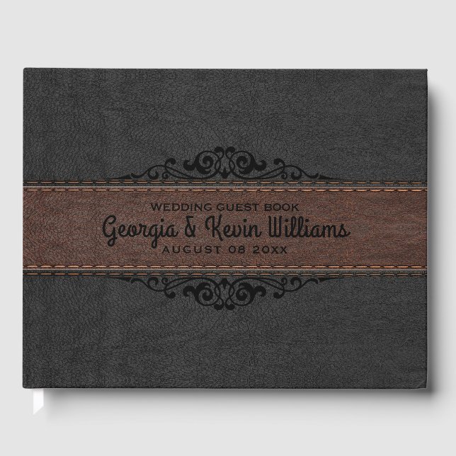 Black & Brown Leather Black Floral Accent Guest Book (Front)