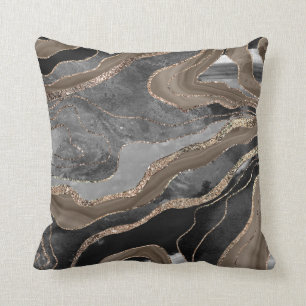 Black Brown Marble Agate Gold Glitter Glam #1  Cushion