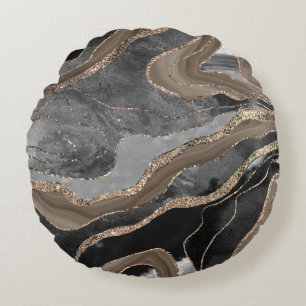 Black Brown Marble Agate Gold Glitter Glam #1  Round Cushion