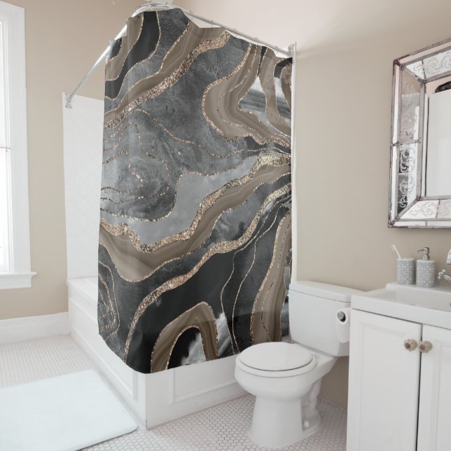 Black Brown Marble Agate Gold Glitter Glam #1  Shower Curtain (In Situ)