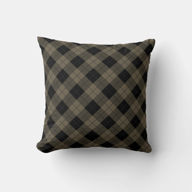 Black Brown Plaid Check Vintage Throw Pillow (Front)