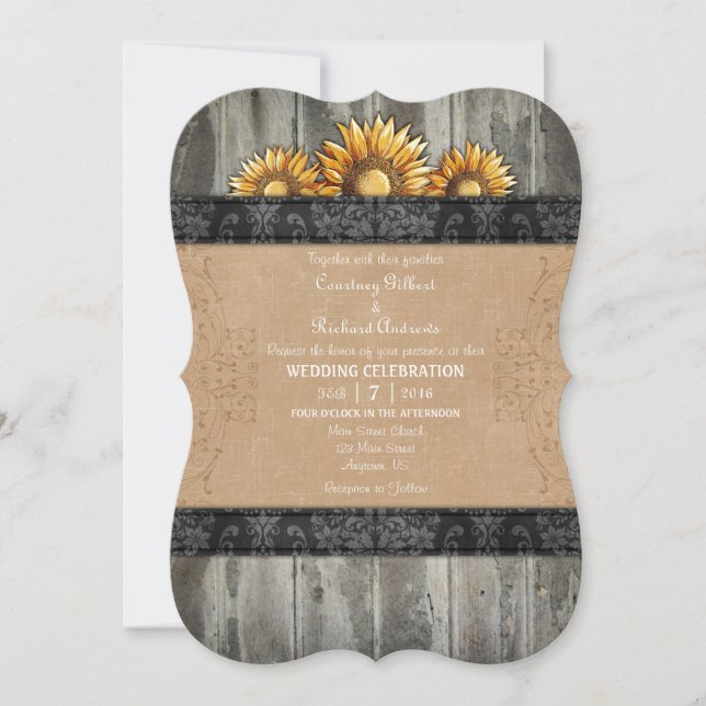 Black Brown Rustic Sunflower Wedding Invite (Front)
