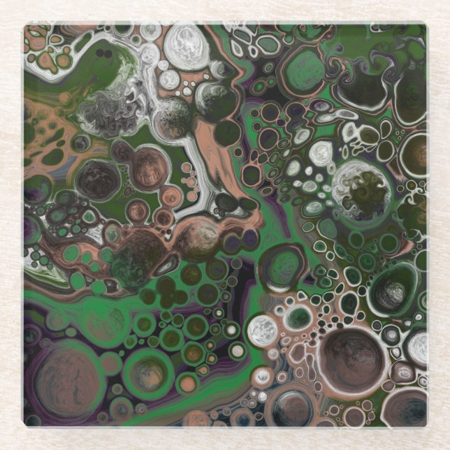 Black, Brown, White and Green Fluid Art    Glass Coaster (Front)
