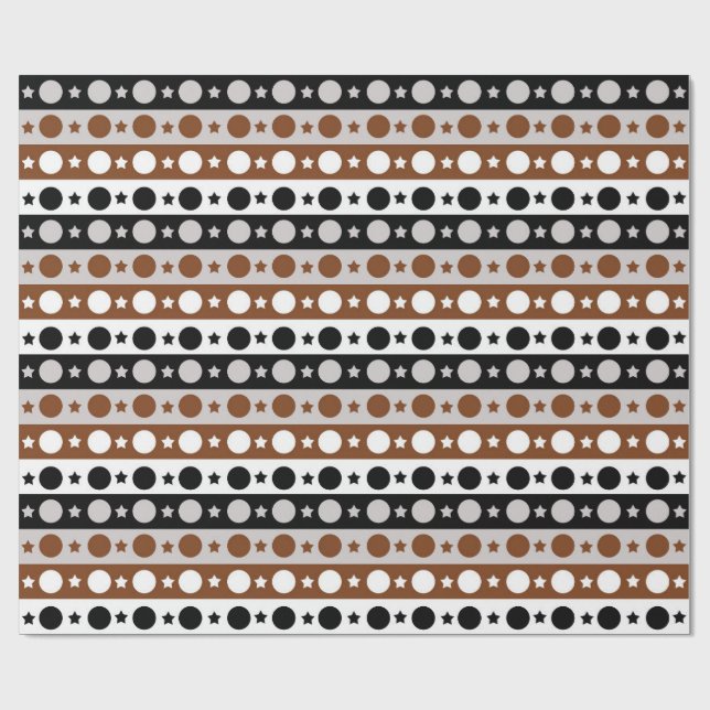 Black Brown White Dots Stars Stripes Design  Wrapping Paper (Flat)
