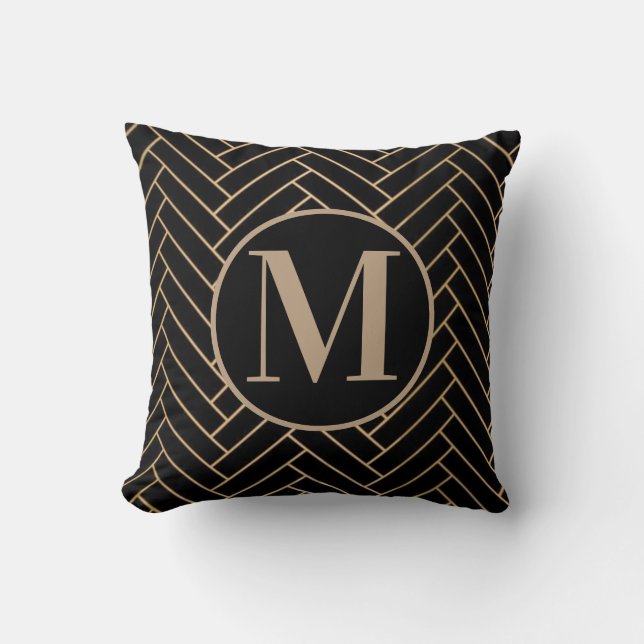 Black, Brownish & Gold Elegant Monogram Cushion (Front)