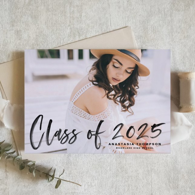 Black Brush Lettering 2025 Photo Graduation Announcement Postcard (Customizable Class of 2025 photo Graduation Announcement Postcard featuring brush lettering overlay)
