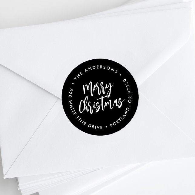 Black Brush Script Holiday Return Address Classic Round Sticker (Creator Uploaded)