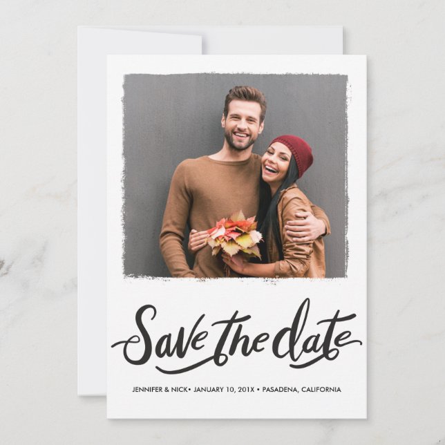 Black Brush Script Wedding Save The Date Card (Front)