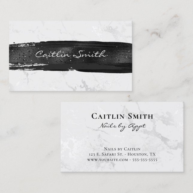 Black Brush Stroke Silver White Foil Marble Business Card (Front/Back)