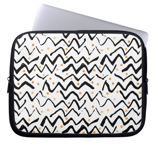 Black Brush Strokes & Dots Pattern Laptop Sleeve (Front)