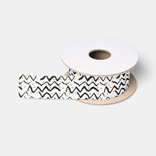 Black Brush Strokes & Dots Pattern Satin Ribbon