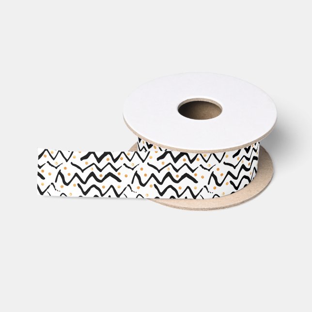 Black Brush Strokes & Dots Pattern Satin Ribbon (Spool)
