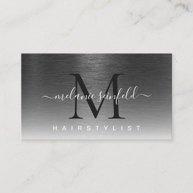 Black Brushed Metal Elegant Monogram Script Modern Business Card (Front)