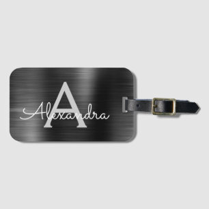 Black Brushed Metal Monogram Name and Initial Luggage Tag