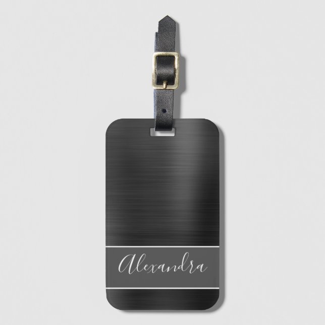 Black Brushed Metal Monogram Name Luggage Tag (Front Vertical)