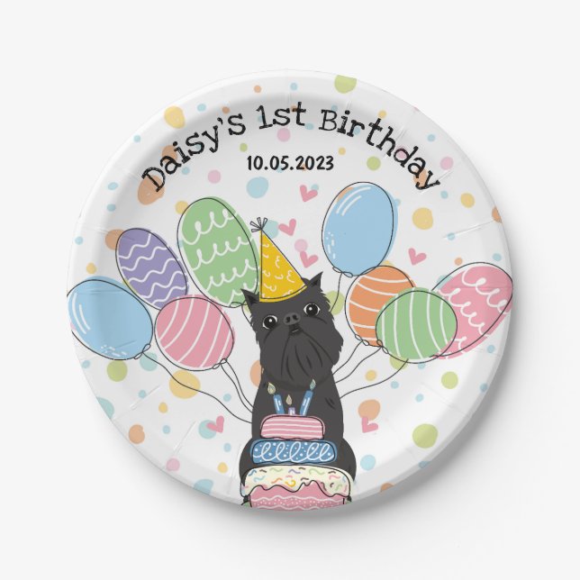 Black Brussels Griffon Dog Birthday Party Paper Plate (Front)