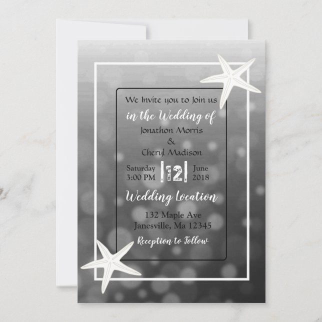 Black Bubbles Starfish Beach  Wedding Invitations (Front)