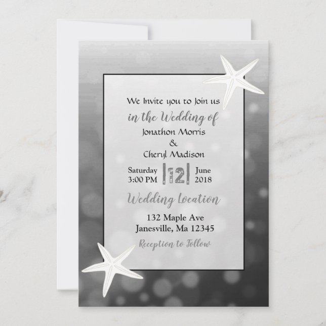 Black Bubbles Starfish Beach  Wedding Invitations (Front)