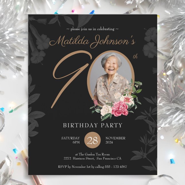 Black Budget Floral 90th Birthday Invitation (Creator Uploaded)
