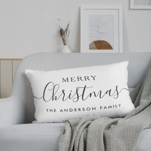 Black Buffalo Check Merry Christmas Family Name Lumbar Cushion