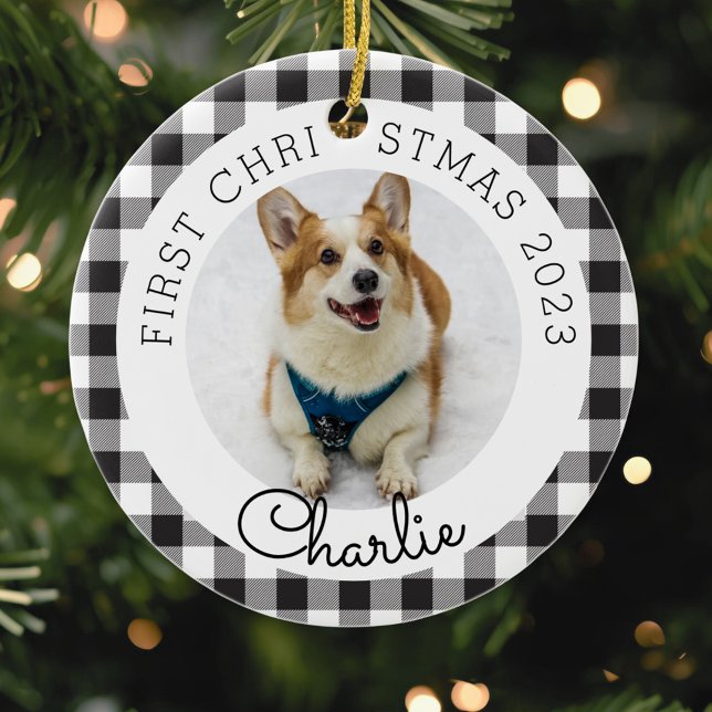 Black Buffalo Check Pet's First Christmas Photo Ceramic Tree Decoration (Creator Uploaded)