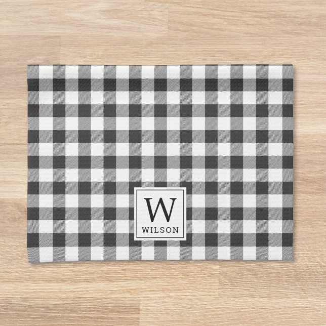 Black Buffalo Check Plaid Monogram Holiday Tea Towel (Creator Uploaded)