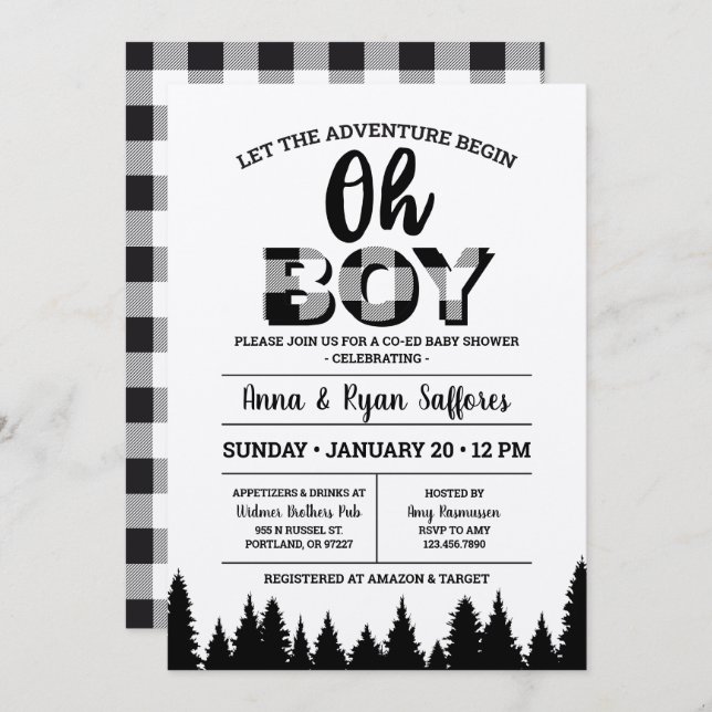 Black Buffalo Plaid Baby Shower Invitation Oh Boy (Front/Back)