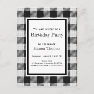 Black Buffalo Plaid Birthday Invitation Postcard