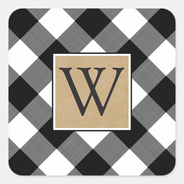 Black Buffalo Plaid Brown Kraft Monogram Square Sticker (Front)