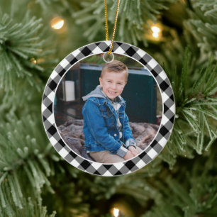 Black Buffalo Plaid Christmas Kids Photo Ceramic Tree Decoration