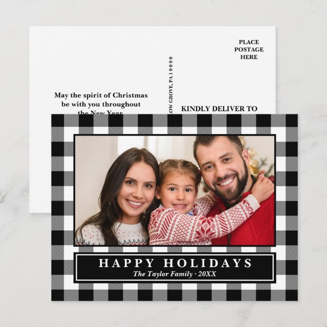 Black Buffalo Plaid Christmas Photo Holiday Postcard (Front/Back)