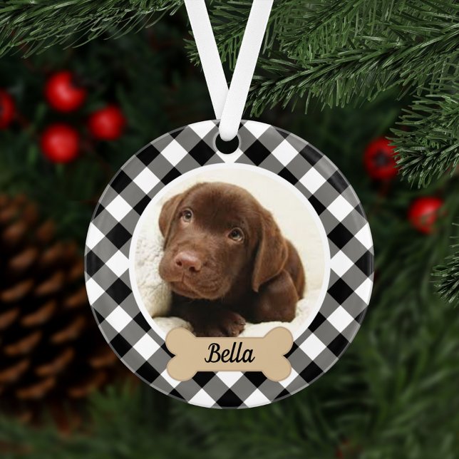 Black Buffalo Plaid Custom Puppy Dog Photo Ornament (Creator Uploaded)