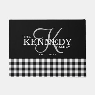 Black Buffalo Plaid Family Name Monogram    Doormat